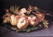FIGINO, Giovanni Ambrogio, Metal Plate with Peaches and Vine Leaves